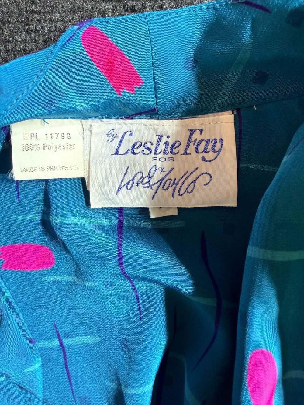 Leslie Fay for Lord & Taylor Teal and Pink Abstract Print Long Sleeve Dress